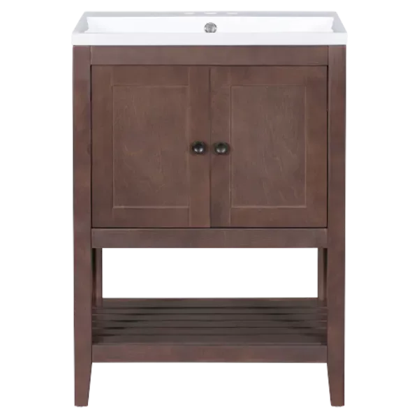 33 in. Bathroom Vanity Desk in Brown with Open Style Shelf and Pure White Ceramic Sink Top