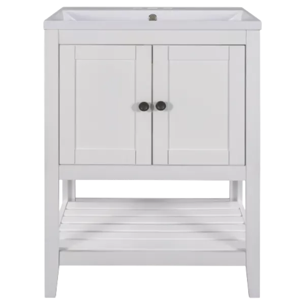 33 in. Bathroom Vanity Desk in White with Open Style Shelf and Pure White Ceramic Sink Top
