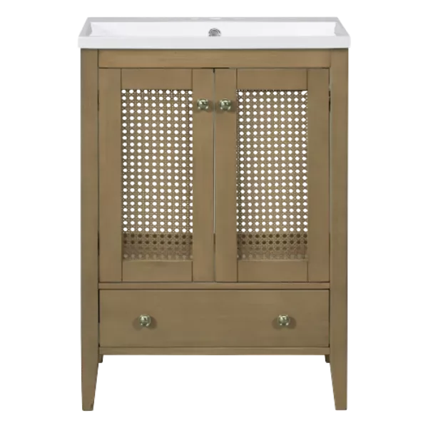 24" Bathroom Vanity with Ceramic Basin, Rattan Bathroom Storage Cabinet with Two Doors and Drawer, Solid Frame, Natural