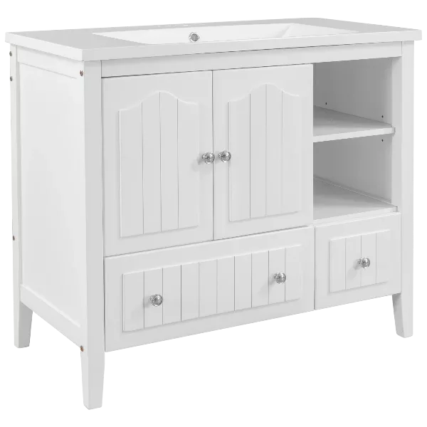 36" Bathroom Vanity with Ceramic Basin, Bathroom Storage Cabinet with Two Doors and Drawers, Solid Frame, Metal Handles, White
