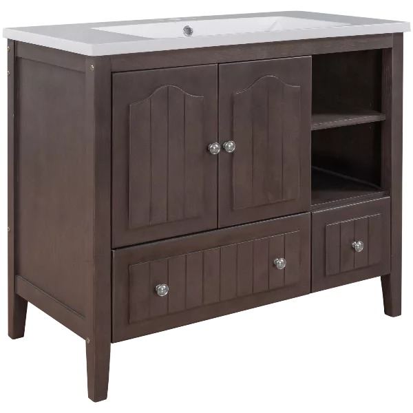 36" Bathroom Vanity with Ceramic Basin, Bathroom Storage Cabinet with Two Doors and Drawers, Solid Frame, Metal Handles, Brown
