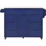 K&K Store Kitchen Cart with Rubber Wood Countertop , Kitchen Island has 8 Handle-Free Drawers Including a Flatware Organizer and 5 Wheels for Kitchen Dinning Room, Dark Blue