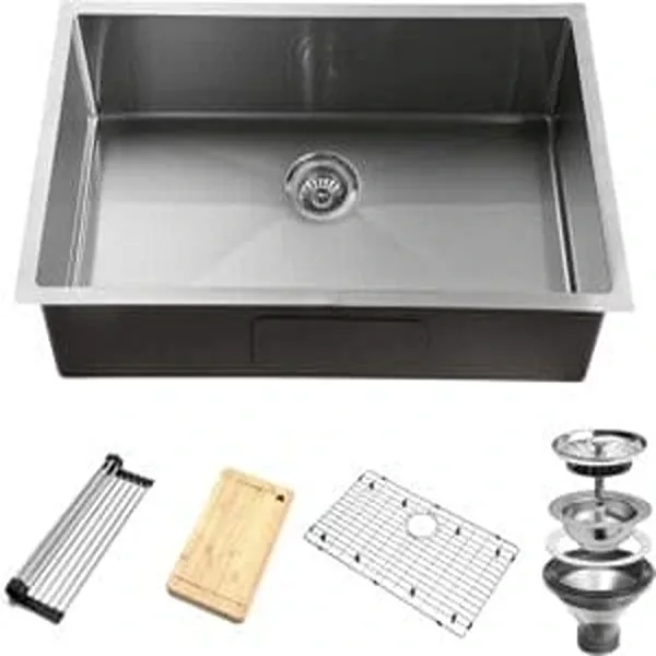 34-Inch 16 Gauge Undermount Single Bowl Stainless Steel Kitchen Sink with Accessories