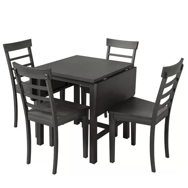 Modern Gray 5-Piece Wood Square Drop Leaf Breakfast Nook Extendable Dining Table Set with 4 Ladder Back Chairs for Small Places