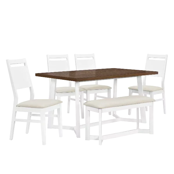 Modern White 6-Piece Rectangular Dining Table Set of Wood with 4 Upholstered Chairs and Bench For Dining Room