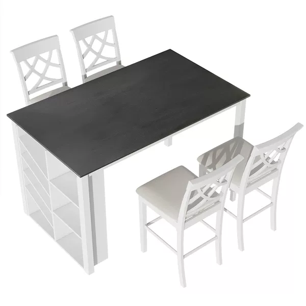 Modern White Counter Height 5-piece Solid Wood Rectangular Dining Table Set  with Wine Rack and 4 Upholstered Chairs For Small Place