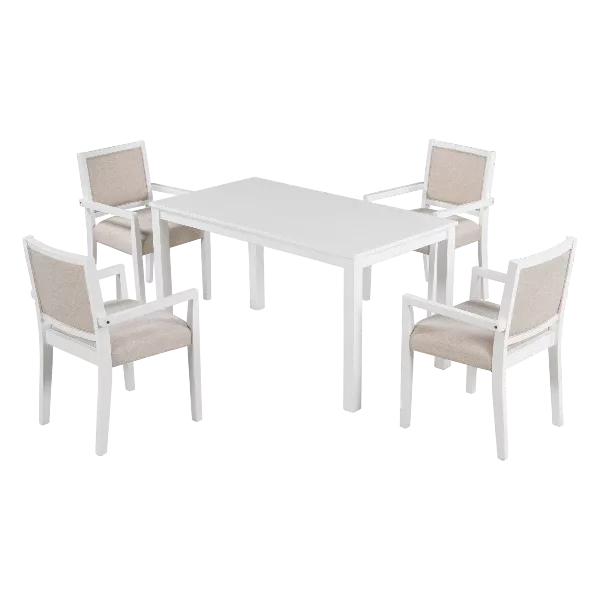 Modern Beige 5 Piece Dining Set Rectangular Wooden Table With 4 Upholstered Dining Chairs For Dining Room