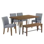 Modern Brown 6-Piece Rectangular Dining Table Set of V-Shape Metal Legs With 4 Upholstered Chairs and Bench for Dining Room
