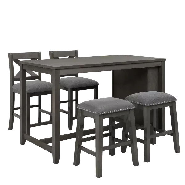 Modern Gray 5-Piece Dining Set Rectangular Wooden Bar Table With 2 Stools and 2 Chairs For Dining Room