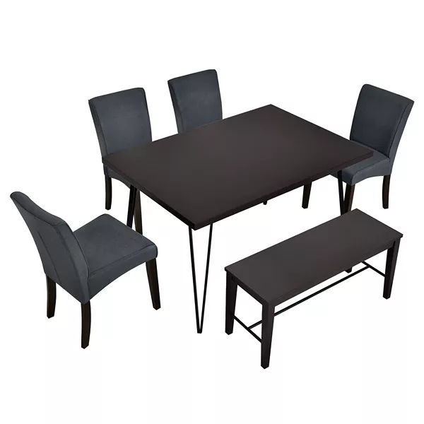 Modern 6-Piece Dining Table Set with V-Shape Metal Legs, Wood Kitchen Table Set with 4 Chairs and Bench