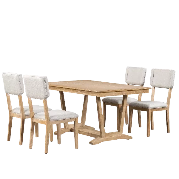 Naural Rustic 5-piece Dining Table Set with 4 Upholstered Chairs, 59-inch Rectangular Dining Table with Trestle Table Base For Dining Room