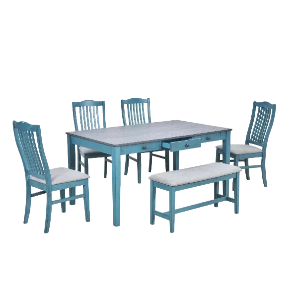Modern Antique Blue 6-Piece Rectangular Dining Table Set of Wood with Drawer, 4 Upholstered Chairs and Bench For Dining Room