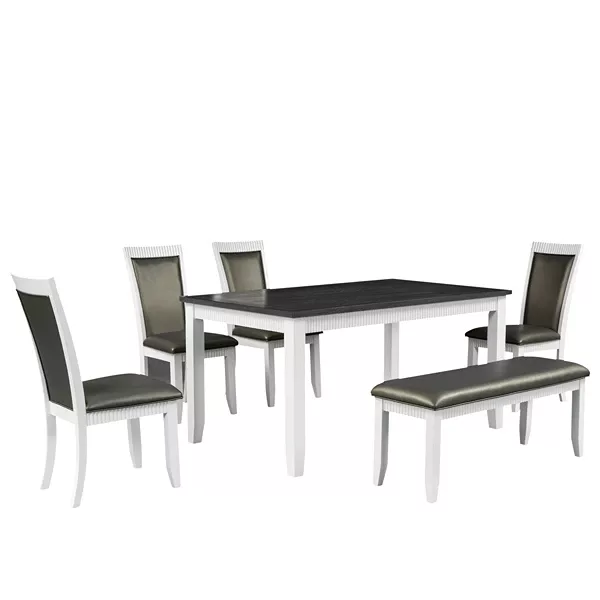 White Rustic Solid Wood 6-piece Dining Table Set With 4 PU Leather Upholstered Chairs and Bench For Dining Room