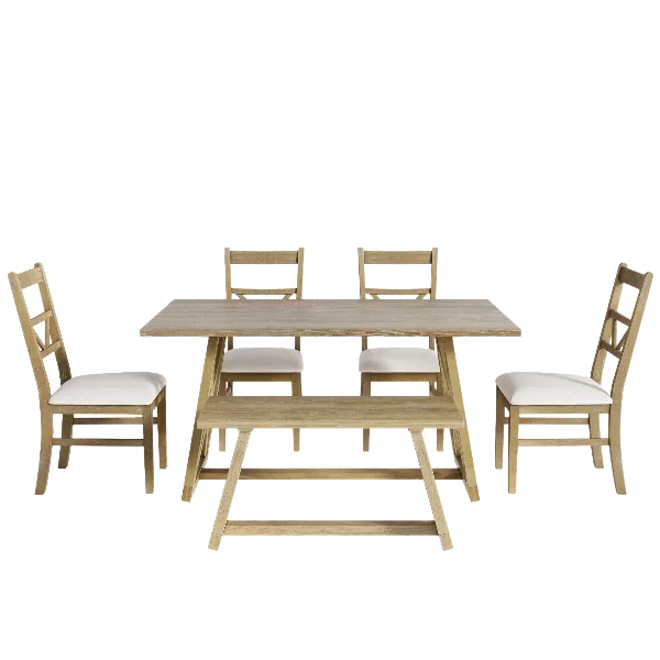 Natural Farmhouse 6-Piece Dining Table Set with Cross Legs,  4 Upholstered Chairs and Solid Wood Bench For Dining Room