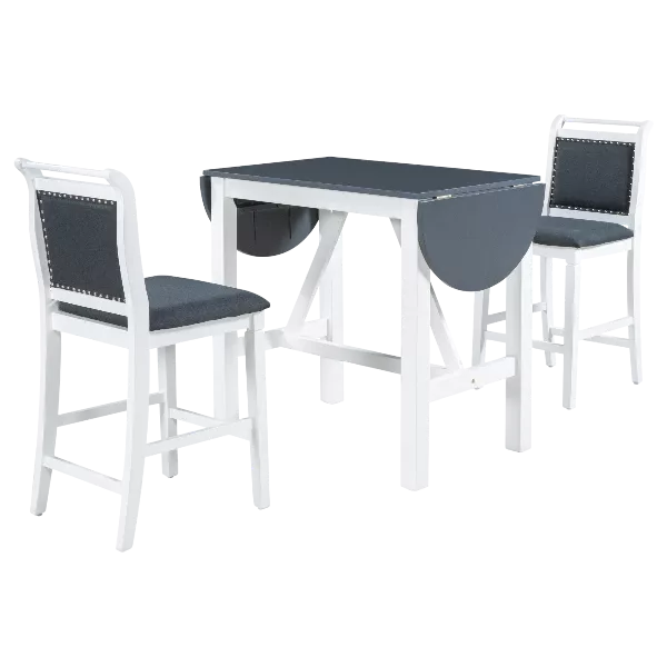 Modern Gray 3-Piece Wood Round Drop Leaf Dining Table with 2 Upholstered Dining Chairs For Small Place