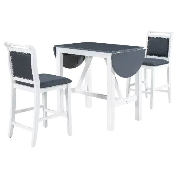 Modern Grey 3-Piece Dining Table Set of Solid Wood with 2 Fabric Upholstered Chairs and 1 Padded Bench for Kitchen/Living Room
