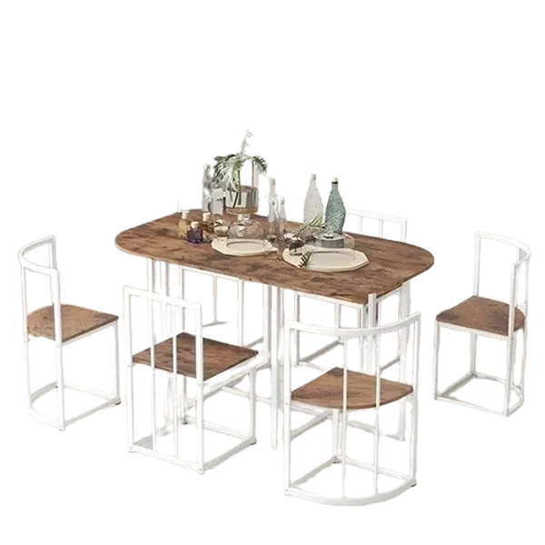 Modern White+Cherry Iron Frame 7-Piece Dining Table Set with Faux Marble, 55 Inch Rectangular Kitchen Table, And 6 Chairs For Appartment