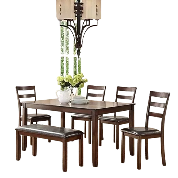 Modern Espresso 6pcs Dining Set Rectangle Table of Rubber wood With 4 Side Chairs And Bench For Dining Room