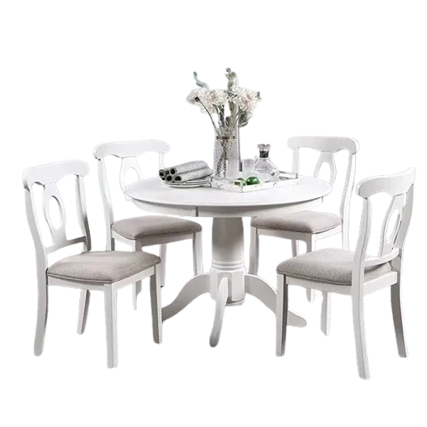 Modern White 5pc Set Round Table 4 Side Chairs Cushion Fabric Upholstery Seat Rubberwood Furniture Ideal For Dining Room