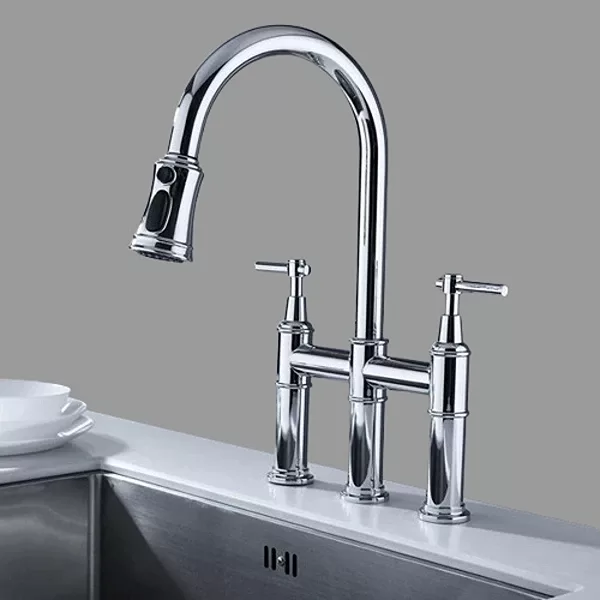 Double Handles Kitchen Faucet with Pull Down Spout in Brushed Nickel