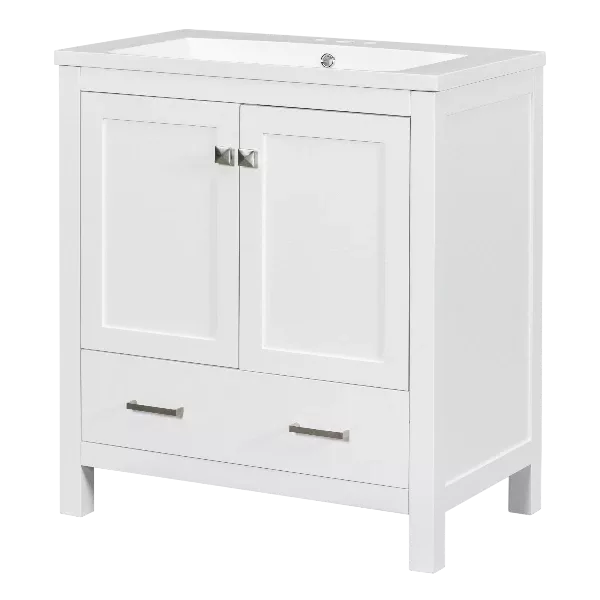 30" White Bathroom Vanity with Single Sink, Combo Cabinet Undermount Sink, Bathroom Storage Cabinet with 2 Doors and a Drawer, Soft Closing, Multifunctional Storage, Solid Wood Frame