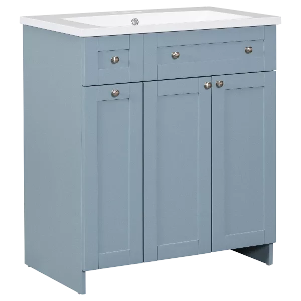 Modern 30-Inch Bathroom Vanity Cabinet with Easy-to-Clean Resin Integrated Sink in Blue