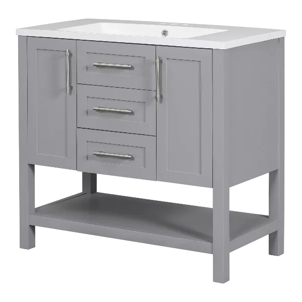 36-Inch Grey Bathroom Vanity with Solid Wood Frame and MDF, Resin Basin, 2 Drawers, 2 Cabinet Doors, 2 Adjustable Shelvesdoor,Single Resin Sink,Small Bathroom Organization Cabinet