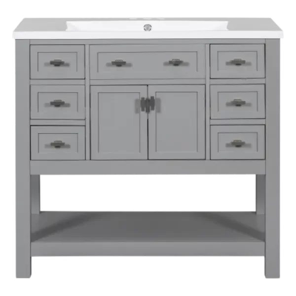 35.2 in. W x 18 in. D x 34.1 in. H Freestanding Bath Vanity in Gray & White Resin Top Single Sink, 2 Doors and 6 Drawers
