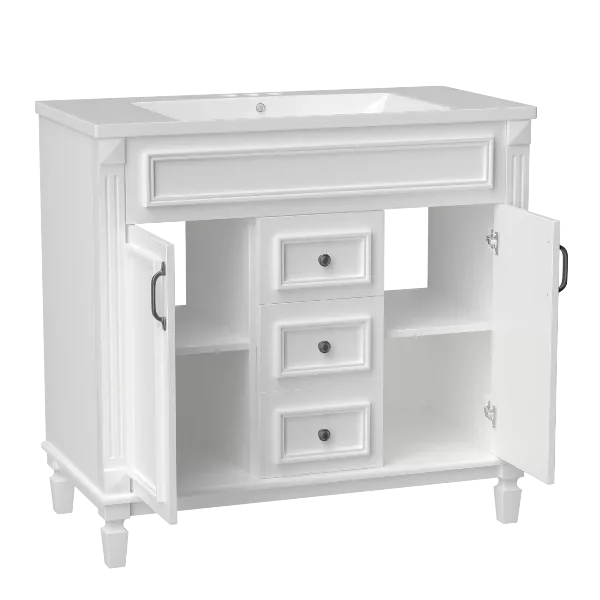 36'' Bathroom Vanity with Top Sink, White Mirror Cabinet, Modern Bathroom Storage Cabinet with 2 Soft Closing Doors and 2 Drawers, Single Sink Bathroom Vanity