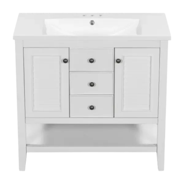 36" Bathroom Vanity with Ceramic Basin, Two Cabinets and Drawers, Open Shelf, Solid Wood Frame, White