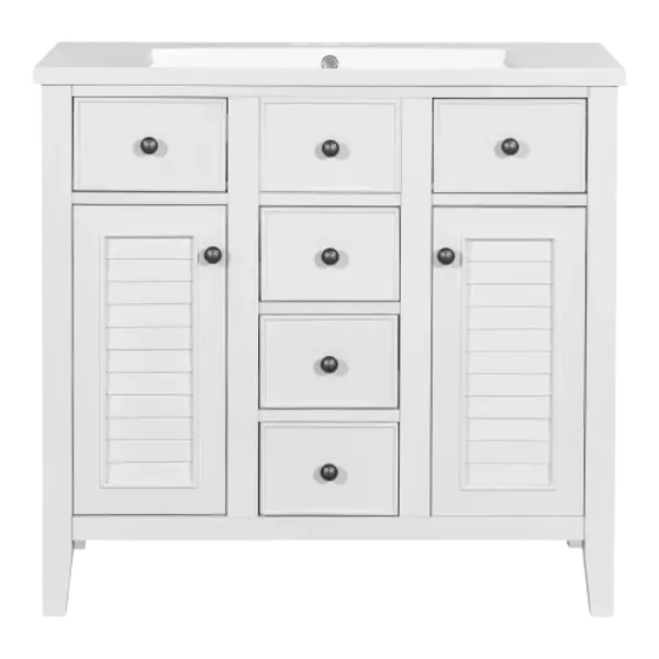 36" Bathroom Vanity with Ceramic Basin, Two Cabinets and Five Drawers, Solid Wood Frame, White