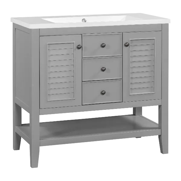36" Bathroom Vanity with Ceramic Basin, Two Cabinets and Drawers, Open Shelf, Solid Wood Frame, Grey