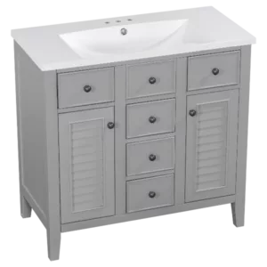 36" Bathroom Vanity with Ceramic Basin, Two Cabinets and Five Drawers, Solid Wood Frame, Gray