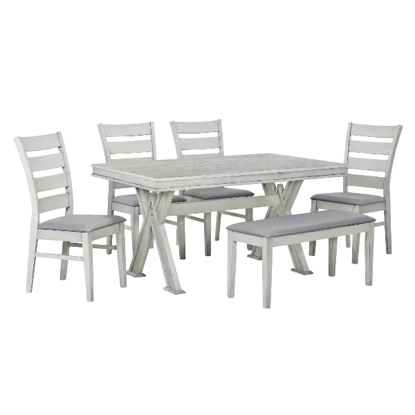 Modern Retro Grey 6-Piece 59" Rectangular Dining Table Set  With Unique Legs and 4 Upholstered Chairs , 1 Bench For Dining Room