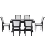 Modern Black 7-Piece Rectangular Dining Table Set with 4 Trestle Base and 6 Upholstered Chairs with Slightly Curve and Ergonomic Seat Back For Dining Room