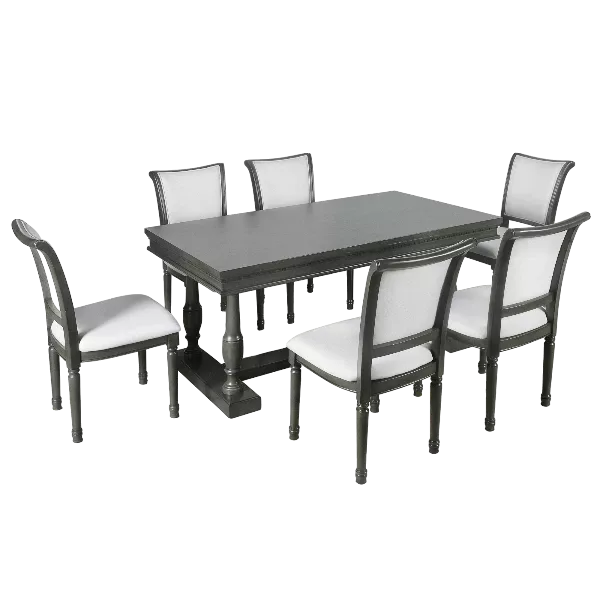 Modern Elegant Gray 7-Piece Dining Set Rectangular Trestle Base Table And 6 Upholstered Chairs With Slightly Curved For Dining Room