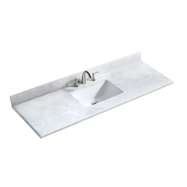 60" Vanity Top with Under Mount Rectangle Single Sink with 3 Faucet Holes, Marble Stone, Carrara White