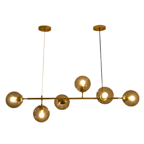 Hermitage 6-Light Gold Mid-Century Modern Linear Sputnik Bubble Kitchen Island Pendant with Smoky Gray Glass Globe For indoor