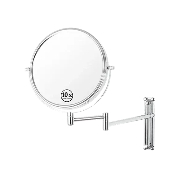8-Inch Chrome Wall-Mounted LED Bathroom Vanity Mirror with 1X/10X Magnification, 360° Swivel, and Extension Arm