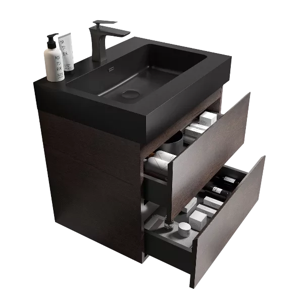 Alice 24" Walnut Bathroom Vanity with Sink, Large Storage Wall Mounted Floating Bathroom Vanity for Modern Bathroom, One-Piece Black Sink Basin without Drain and Faucet