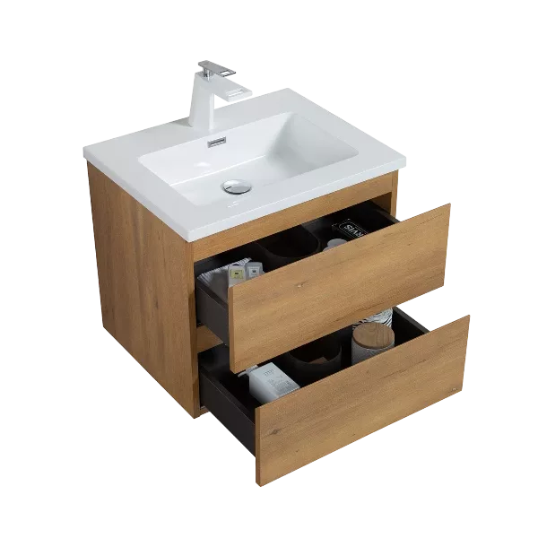 23.5'' Wall Mounted Single Bathroom Vanity in Natural Wood With Black Solid Surface Vanity Top