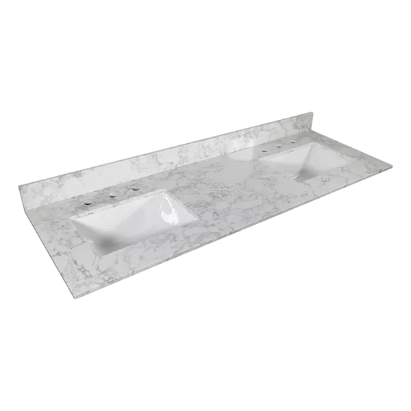 Montary 61x22 inch bathroom stone vanity top engineered stone carrara white marble color with double rectangle undermount ceramic sink and 3 faucet hole with back splash