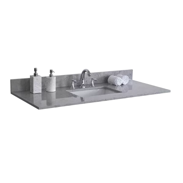 Montary 37 inches bathroom stone vanity top calacatta gray engineered marble color with undermount ceramic sink and 3 faucet hole with backsplash