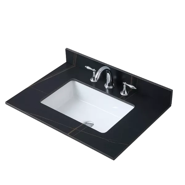 Montary 31inch  sintered stone  bathroom vanity top  black gold color with undermount ceramic sink and three faucet hole with backsplash