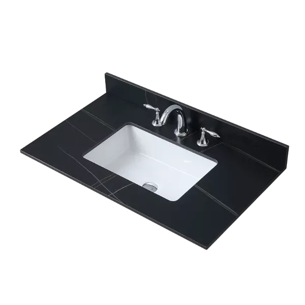 Montary 37inch bathroom stone vanity top black gold color with undermount ceramic sink and three faucet hole with backsplash