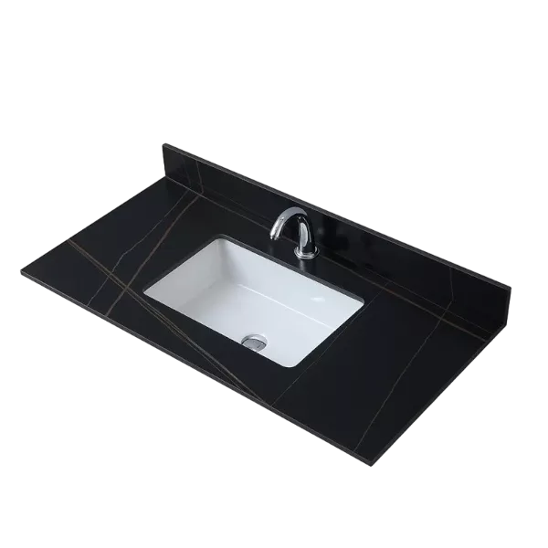 Montary 43inch bathroom stone vanity top black gold color with undermount ceramic sink and  single  faucet hole with backsplash