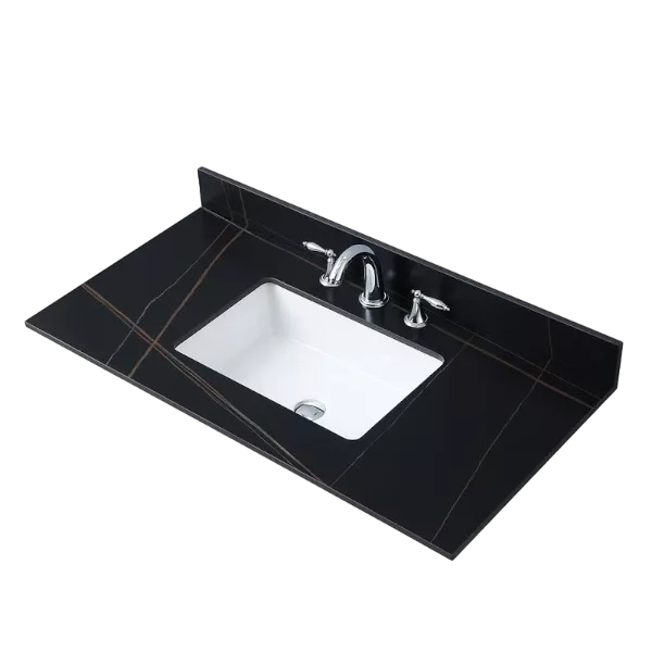 Montary 43inch bathroom stone vanity top black gold color with undermount ceramic sink and three faucet hole with backsplash