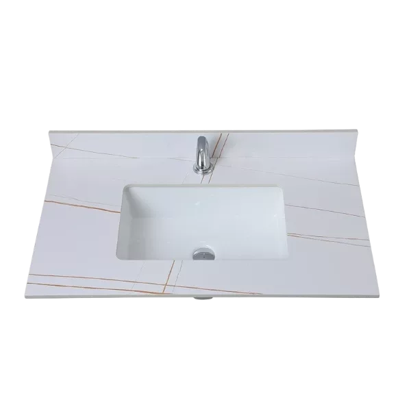 Montary 37inch bathroom vanity top stone white gold new style tops with rectangle undermount ceramic sink and single faucet hole