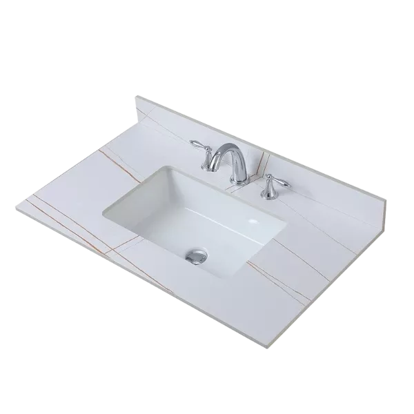 Montary 37inch bathroom vanity top stone white gold new style tops with rectangle undermount ceramic sink and three faucet hole