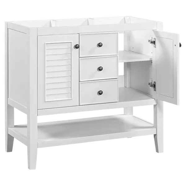 36" Bathroom Vanity without Sink, Cabinet Base Only, Two Cabinets and Drawers, Open Shelf, Solid Wood Frame, White